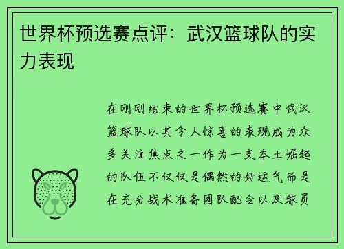 世界杯预选赛点评：武汉篮球队的实力表现