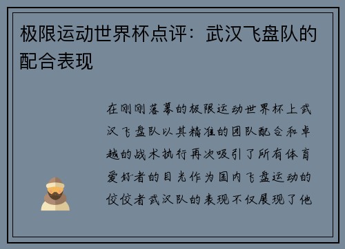 极限运动世界杯点评：武汉飞盘队的配合表现